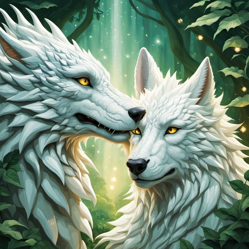 Dragon and Wolf: A Ghibli-Style Fantasy Illustration