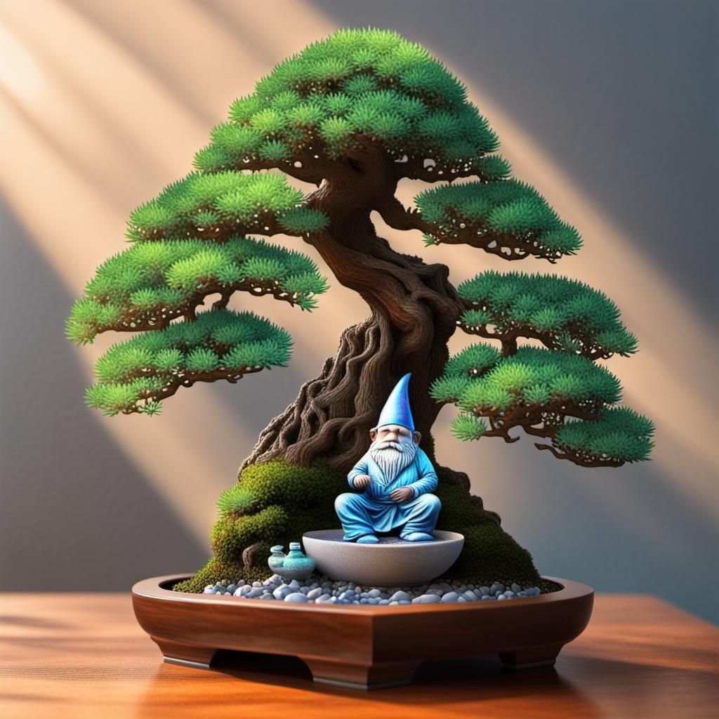 Holographic Bonsai Tree with Garden Gnome