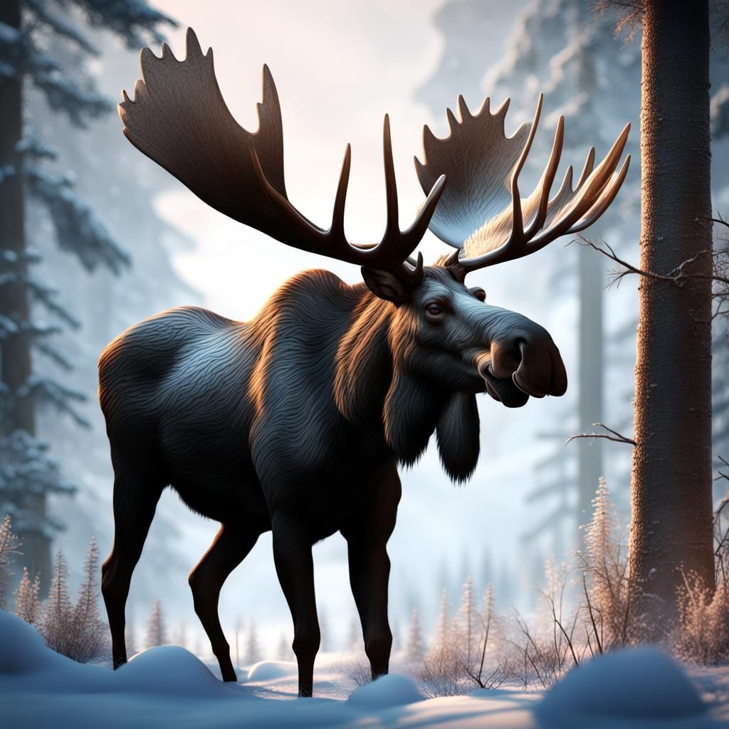 Moose in Winter Woods: Detailed Matte Painting
