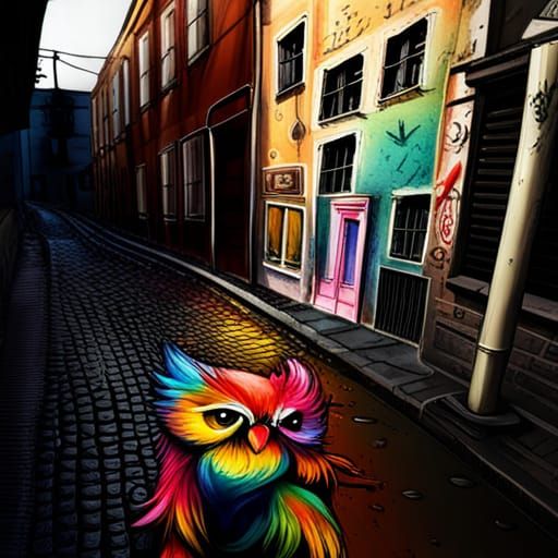 Rainbow Chibi Owl Graffiti Art in Village
