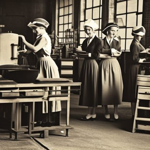 Women Working in Wartime Factory in 1940s Style