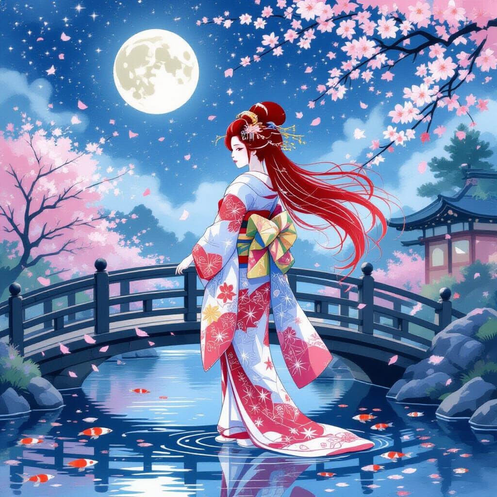 Geisha Portrait in Crimson and Starlight