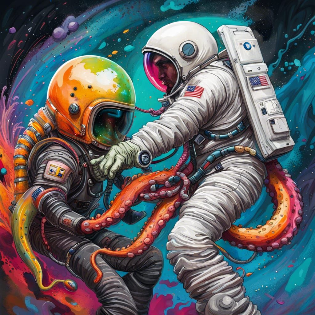 Astronaut Battles Alien in Graffiti Art Style