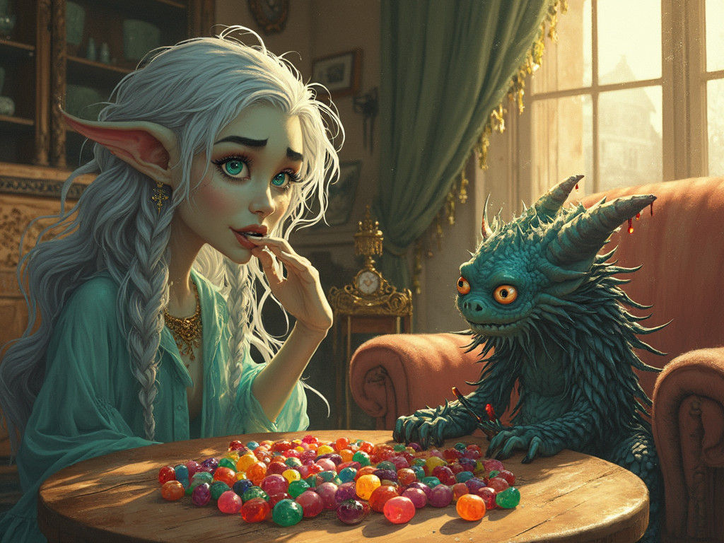 Witch and Demon Enjoying Jelly Beans: Art Nouveau Style