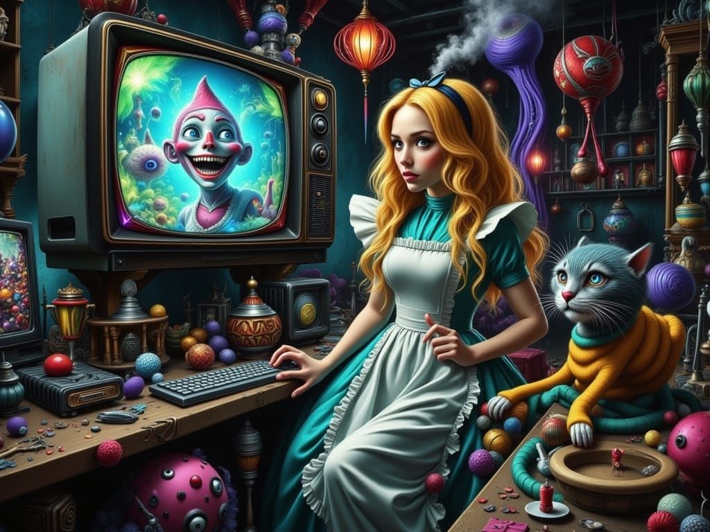 Surreal Wonderland in Chaos, a Distorted Alice in a Glitched...