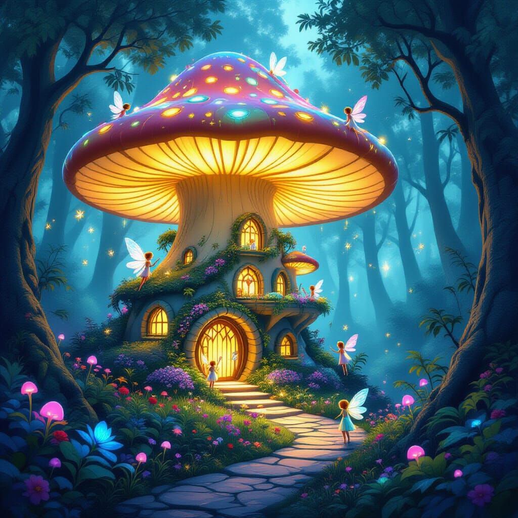 Bioluminescent Fairy City in Glowing Mushroom Forest