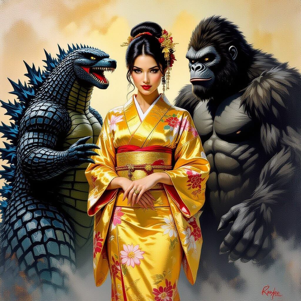 Impressionist Oil Painting of Woman with Godzilla and King K...