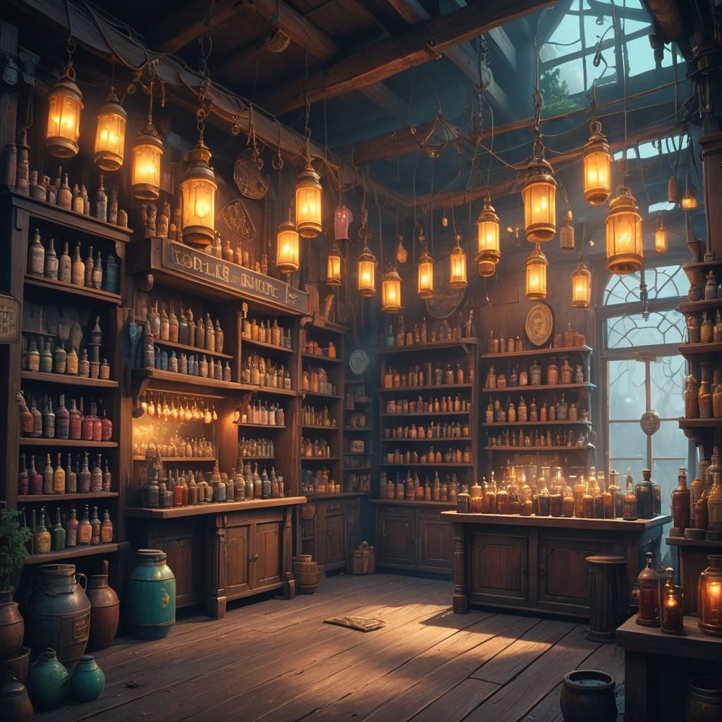Mystical Potion Shop Sign in Fantasy Art Style