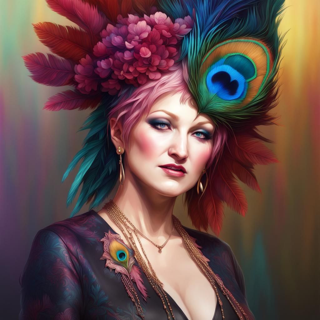 Peacock Headdress Portrait in Art Nouveau Style