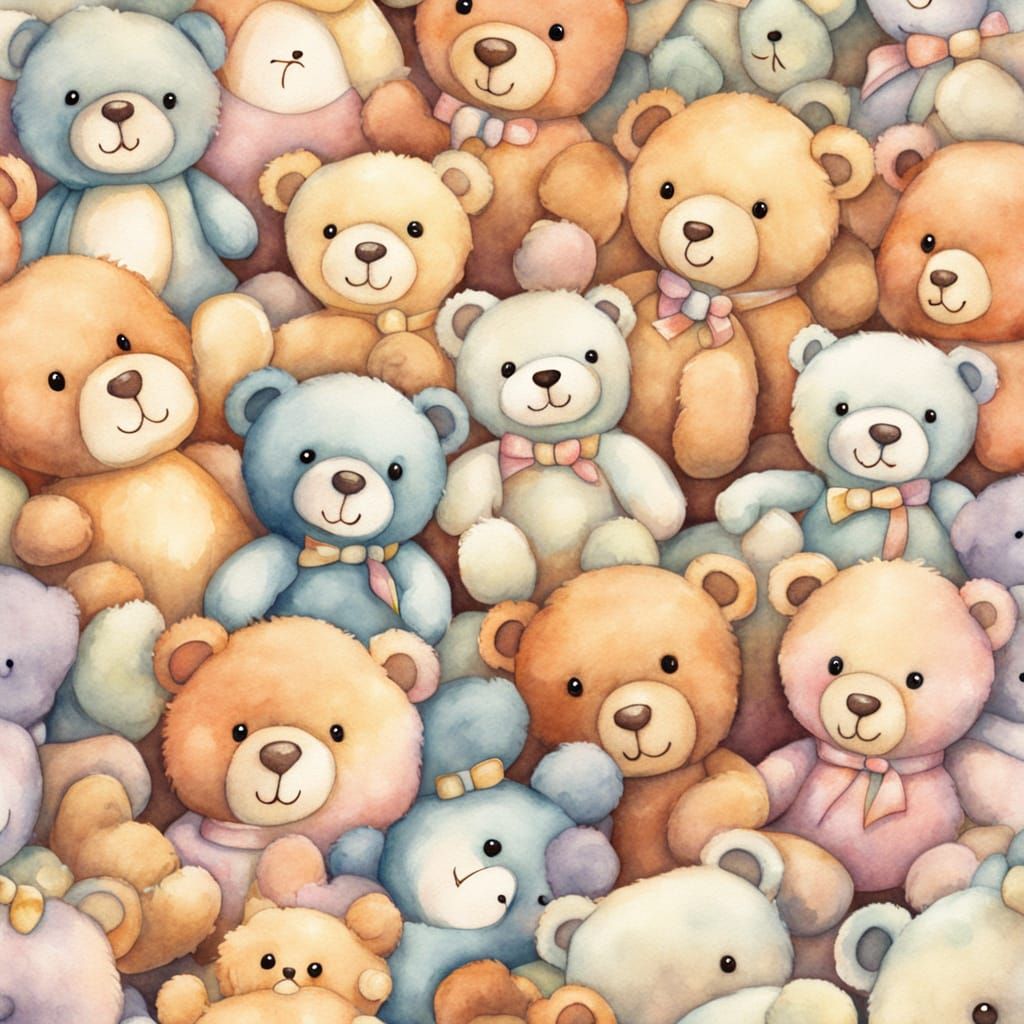 Room Full of Pastel Teddy Bears in Watercolor Style