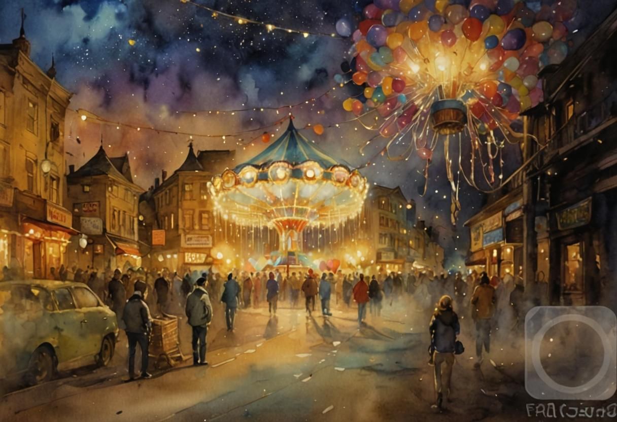 Colorful Night Funfair in Watercolor Comic Art