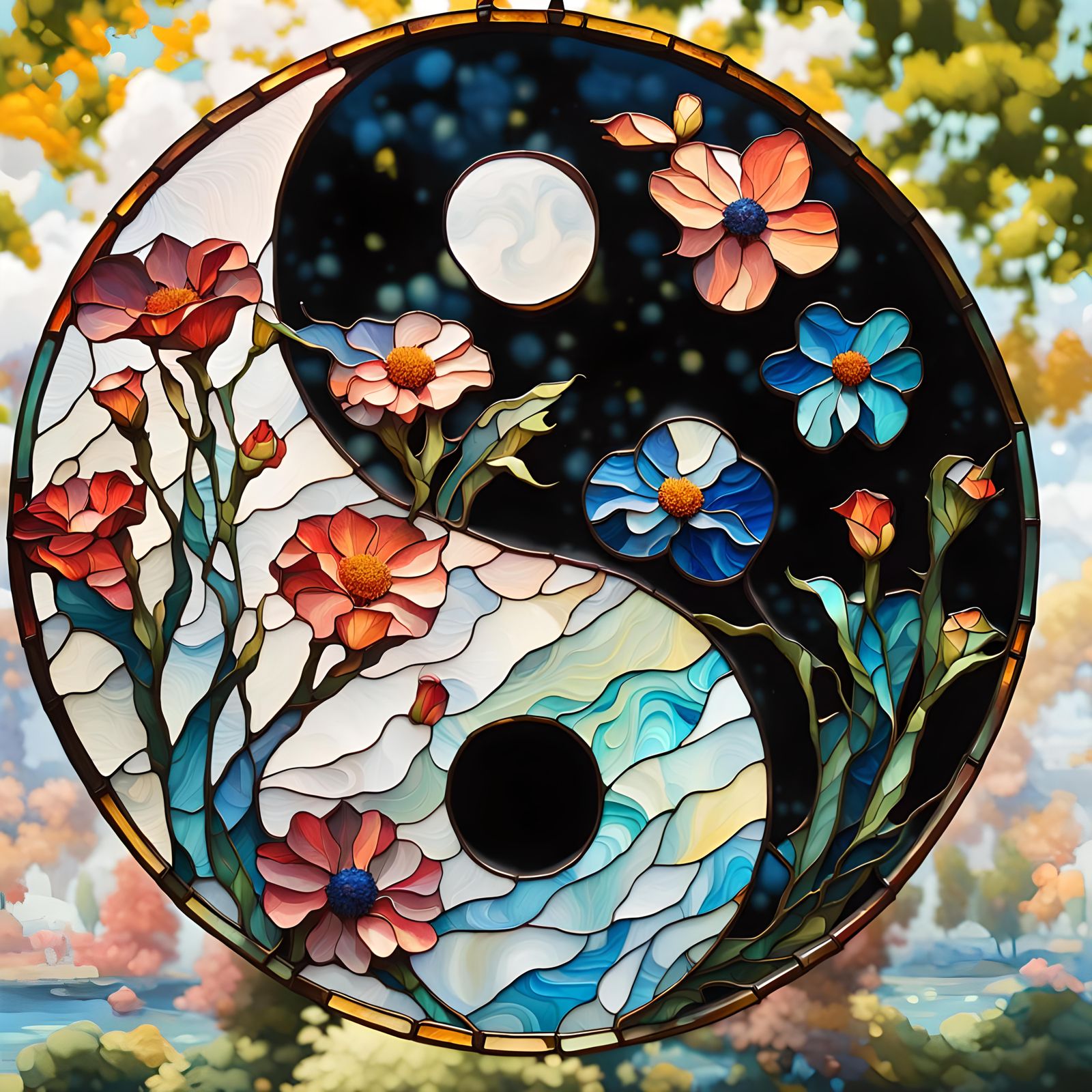 Floral Yin Yang in Stained Glass Style
