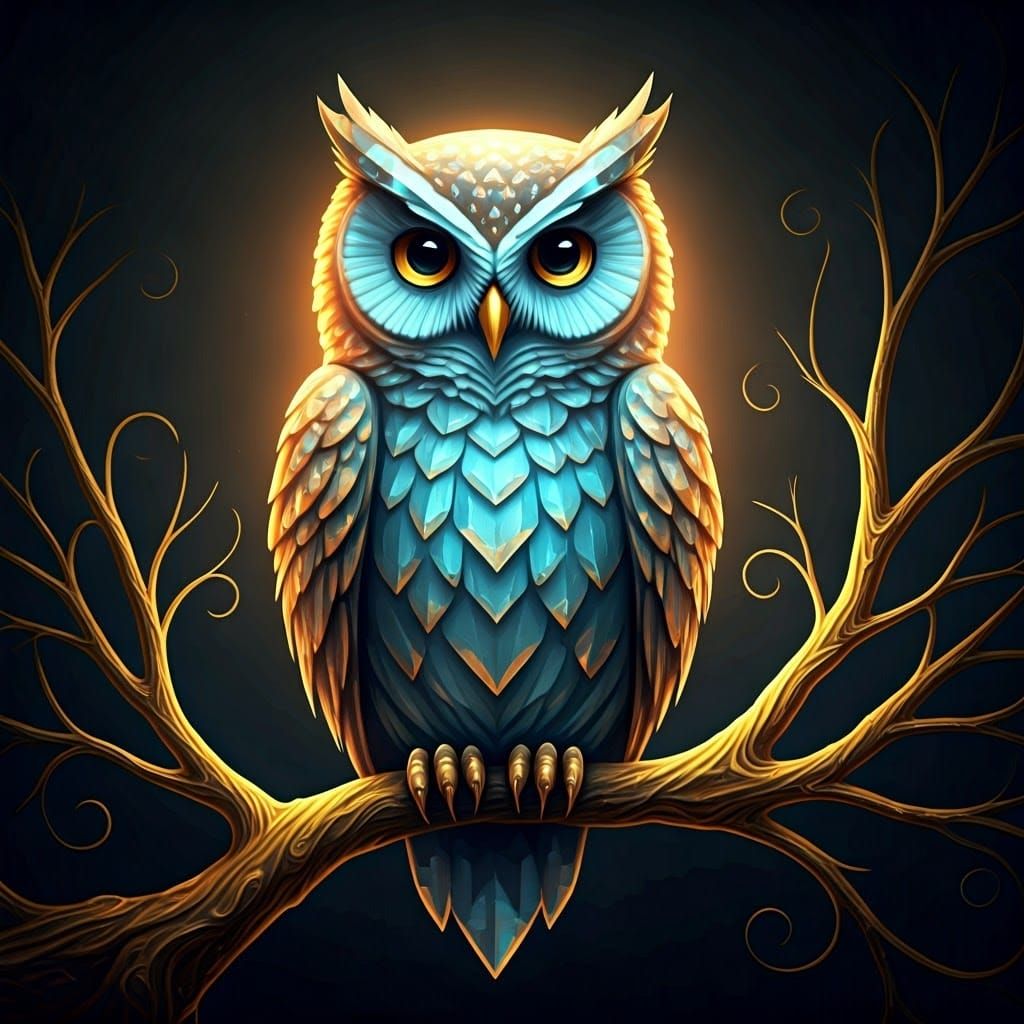 Crystal Owl with Turquoise Glow on Golden Branches