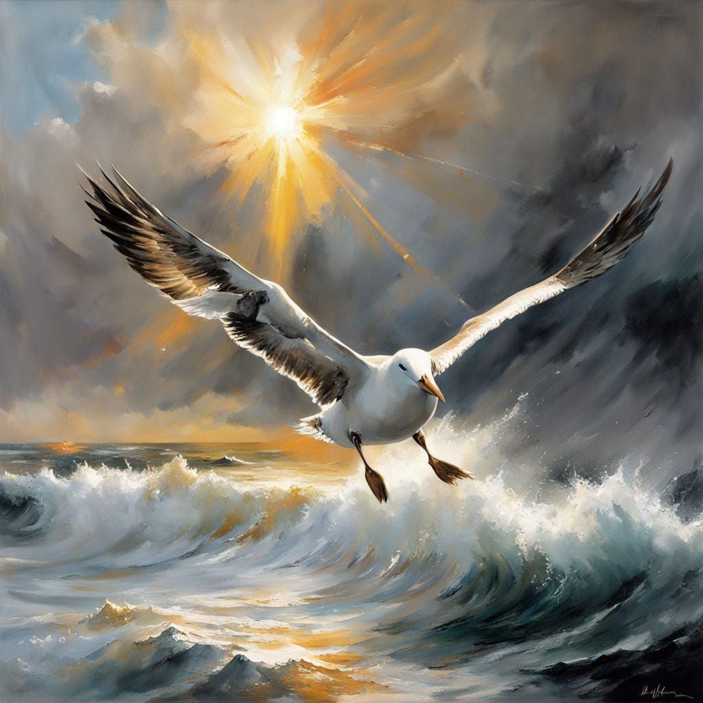 Albatros in Mid-Flight over Turbulent Waters