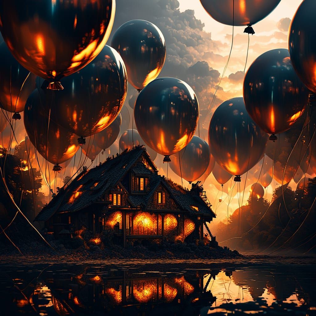 Glass Balloons Carry House to Clouds in Hyper-Real Scene