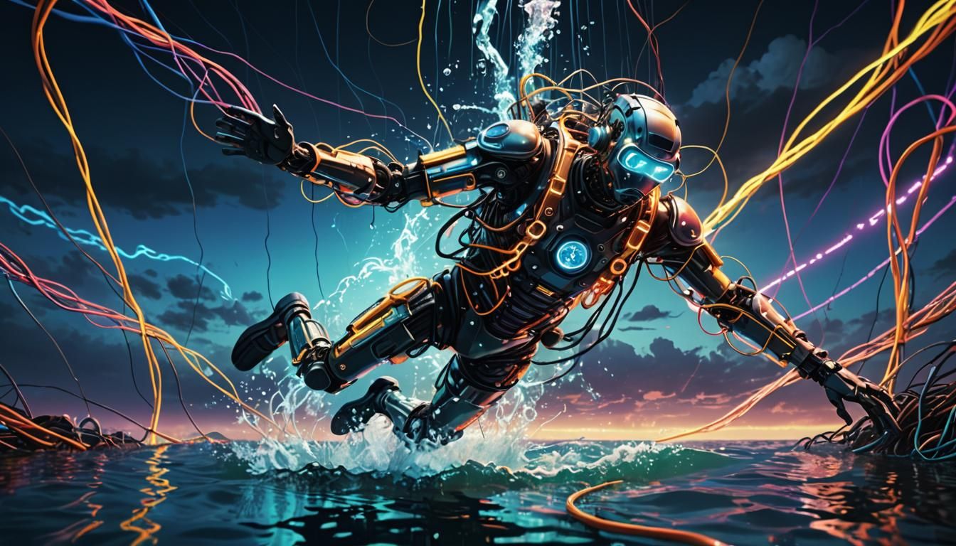 Cyborg Ocean Diver in Glowing Digital Art