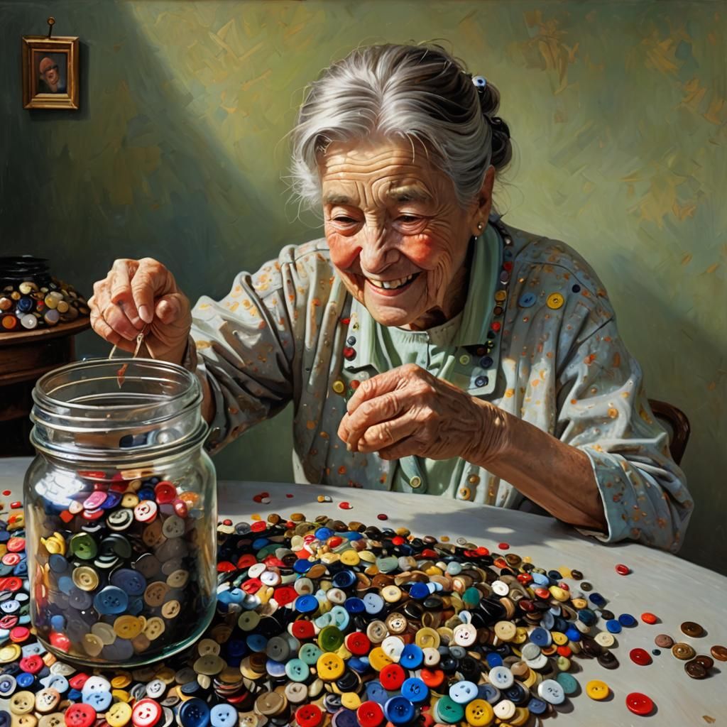Hyperrealistic Oil Painting of Buttons and an Old Woman