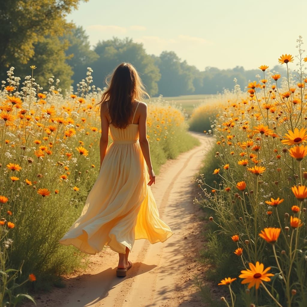 Woman Walking Through Wildflower Meadow