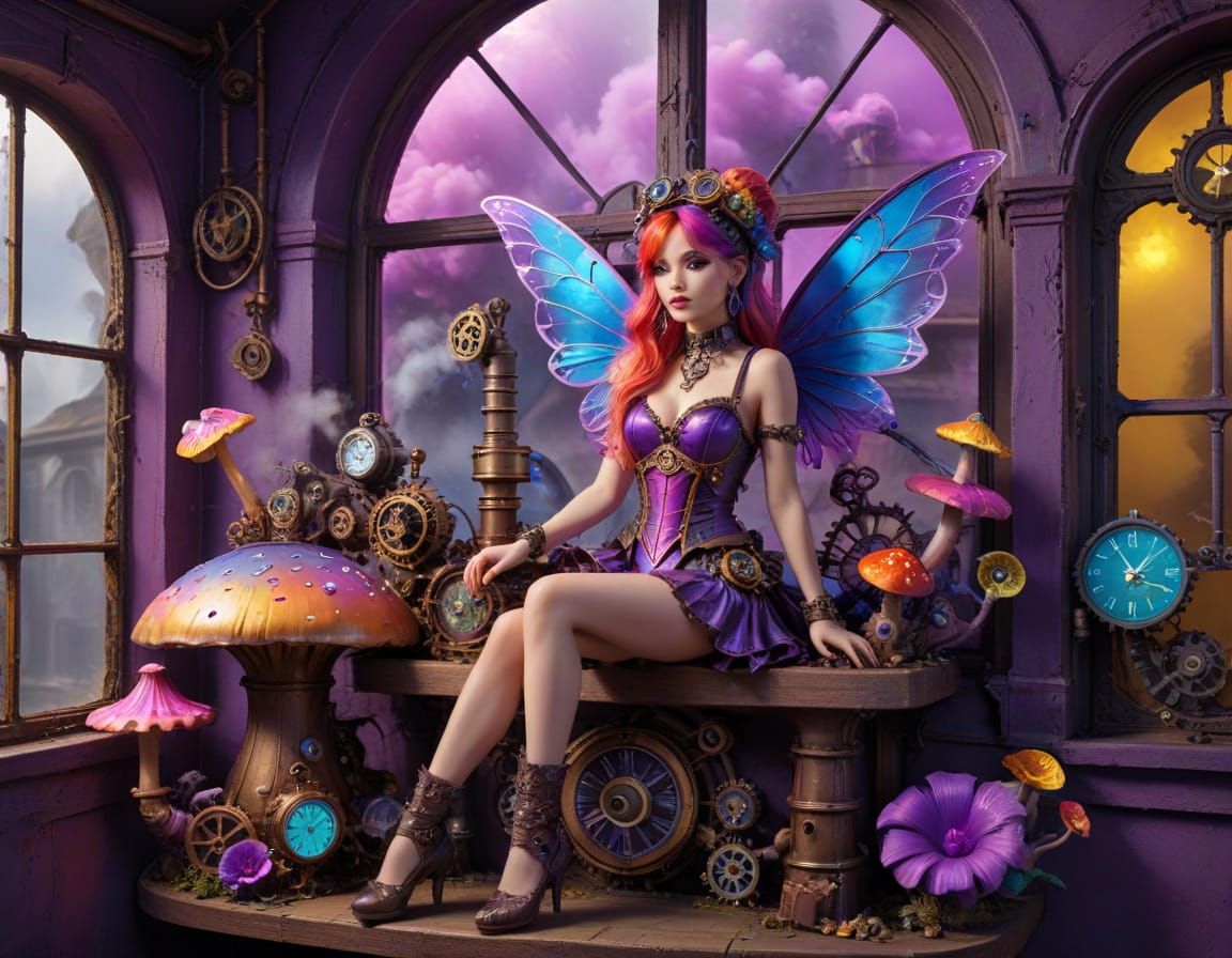 Synthwave Fairy on Mushroom in Steampunk Window