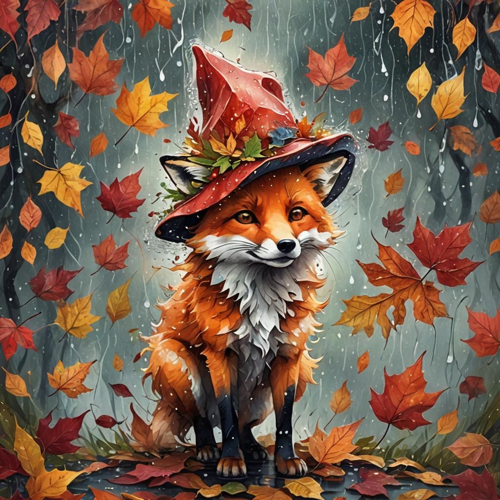 Fox Dancing in Autumn Rain, Detailed Matte Painting