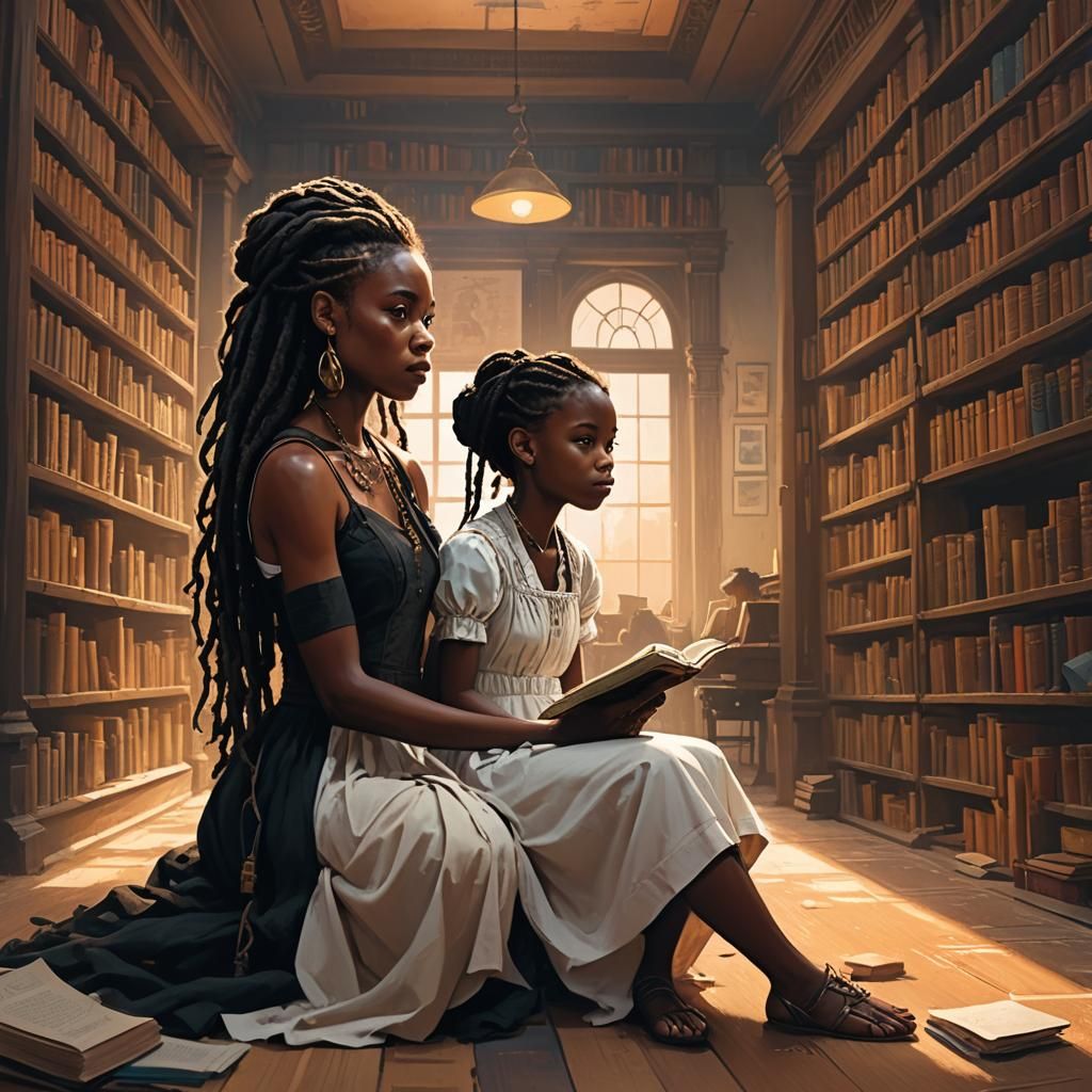 Fantasy Art: Girl and Woman in Mystic Library