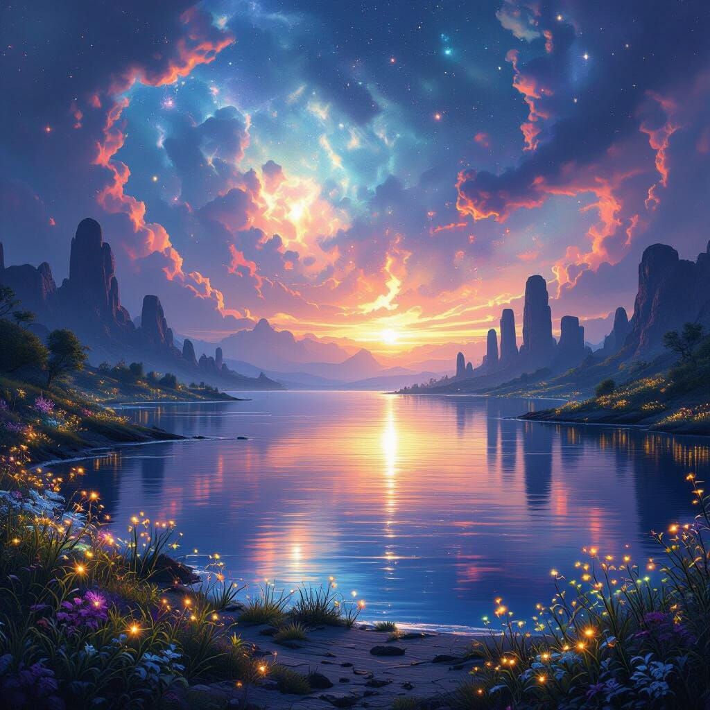 Alien Sky Over Bioluminescent Lake with Ancient Ruins