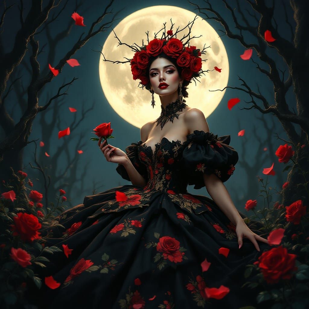 Regal Woman in Enchanted Forest, Gothic Fashion