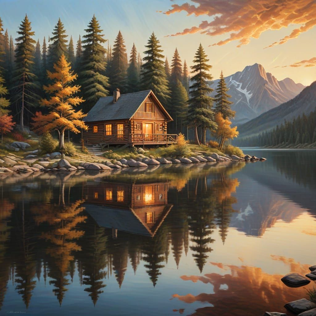 Serene Cabin by Lake in Golden Light