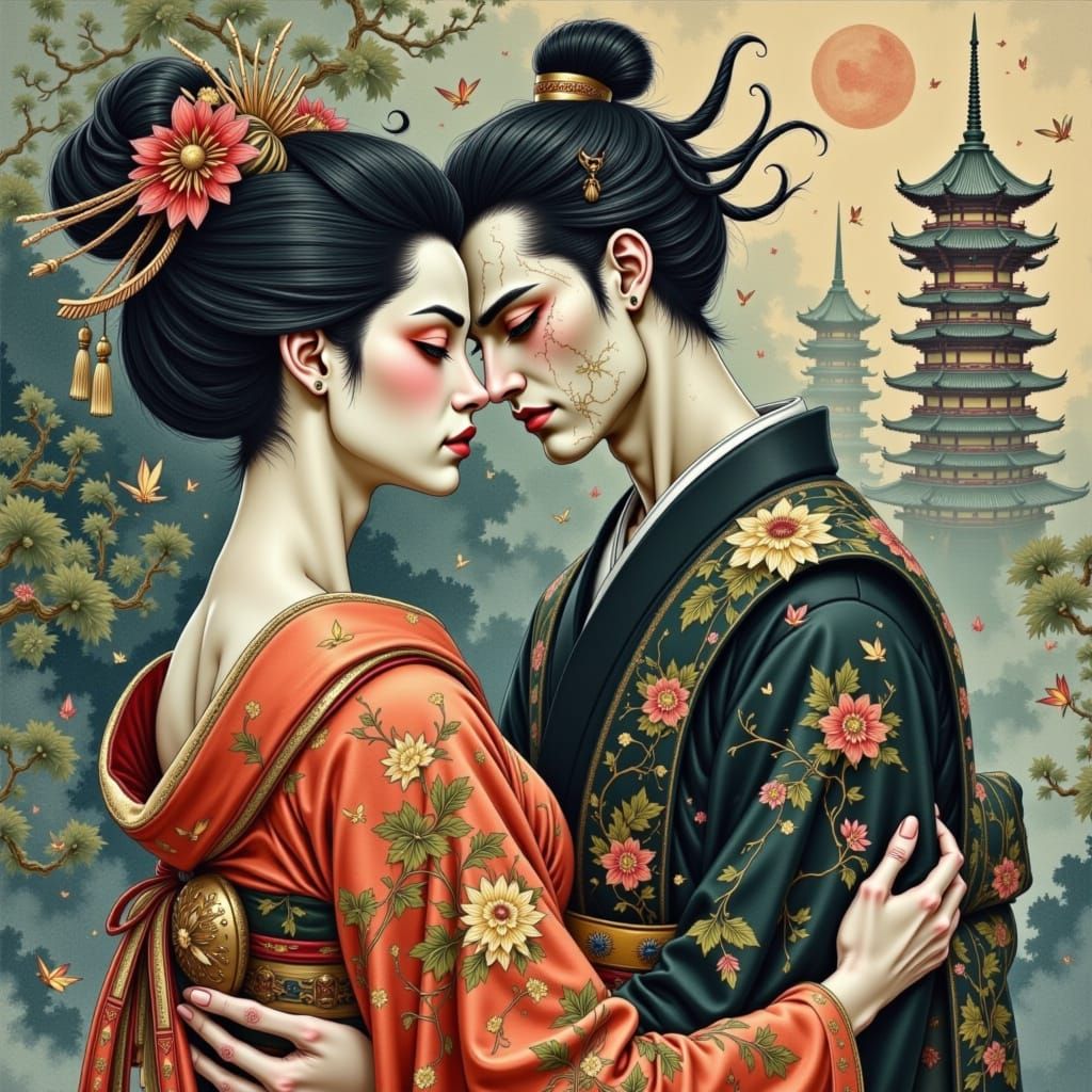 Geisha Embraces Ghost Samurai: Surreal Art Deco Style