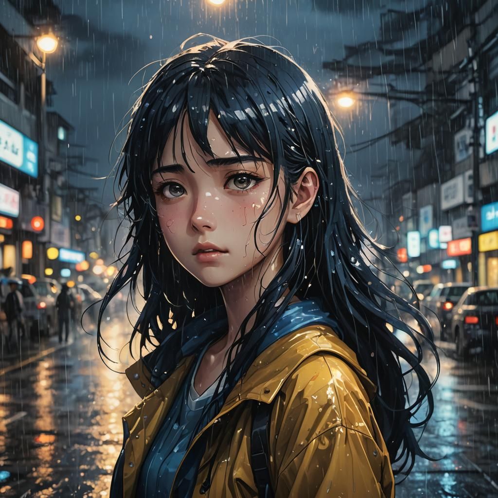 Anime Portrait: Young Woman's Sorrow in Rainy Night