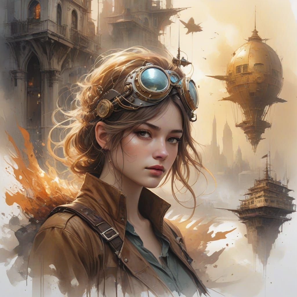 Steampunk Aviator Over Clockwork City