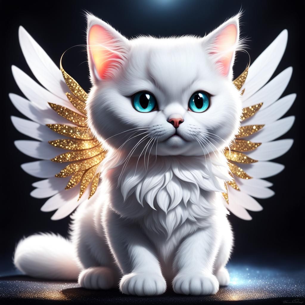 Cute Winged White Cat in Dark Fantasy Style