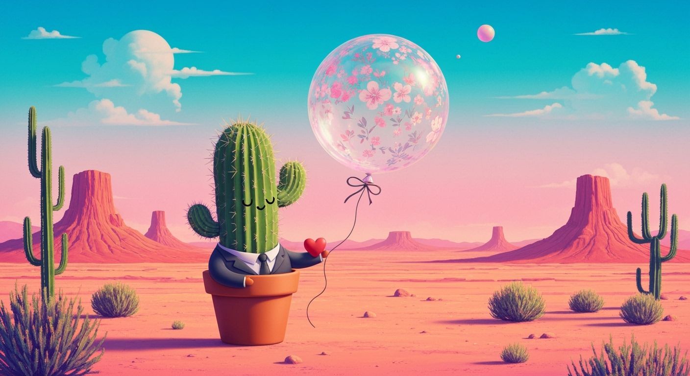 Cactus Woos Soap Bubble in Surreal Desert