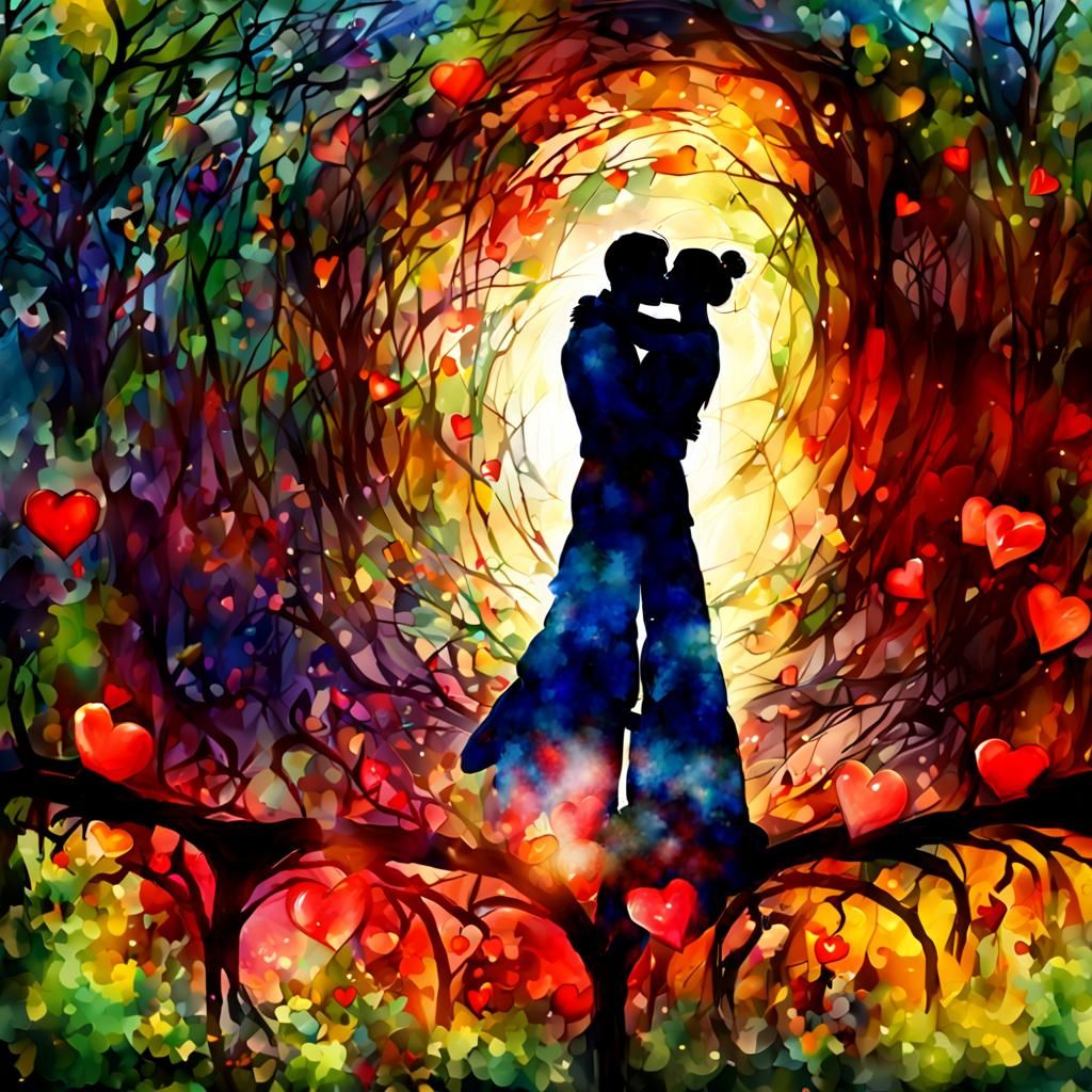 Passionate Kiss in Quantum Watercolor Style