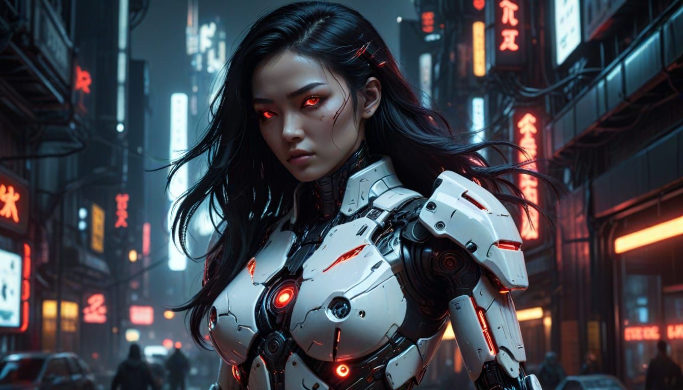 Asian Gynoid in White Mech Body, Cyberpunk Cityscape