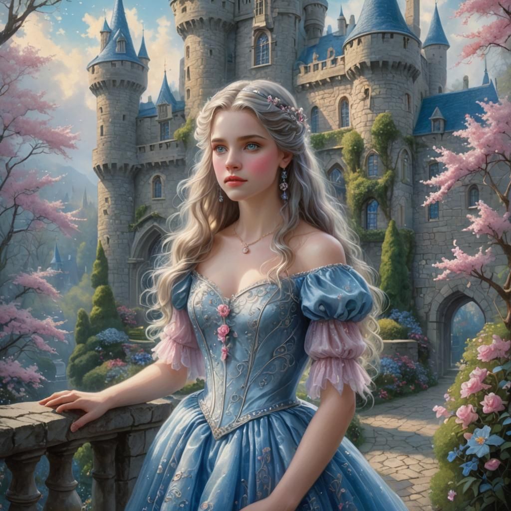 Silver-Haired Beauty in Royal Gown in Spring Garden