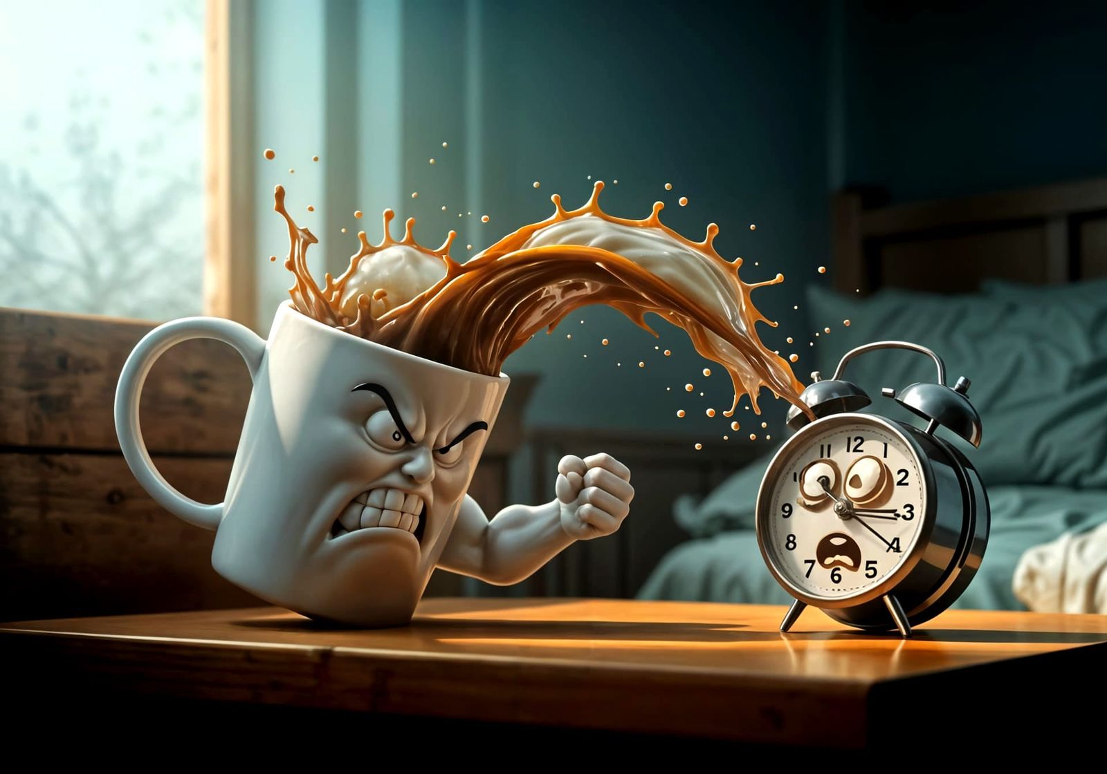 Exploding Coffee Mug Attacks Alarm Clock in Cartoon Style