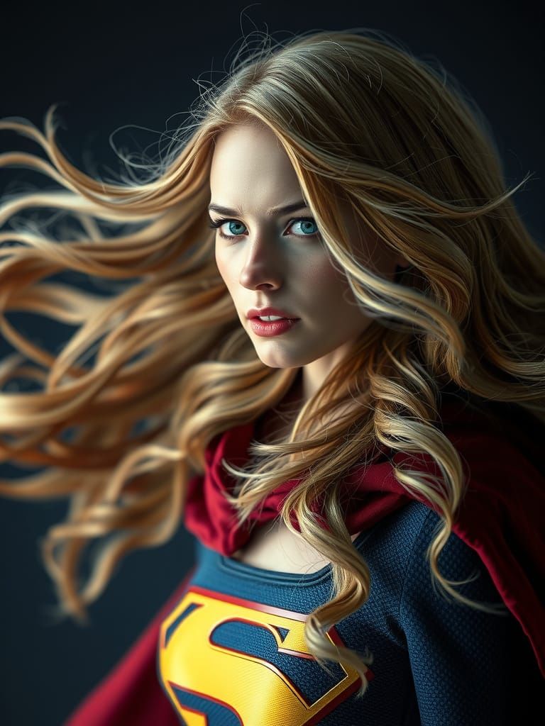 Supergirl with Flowing Hair, Detailed Matte Painting