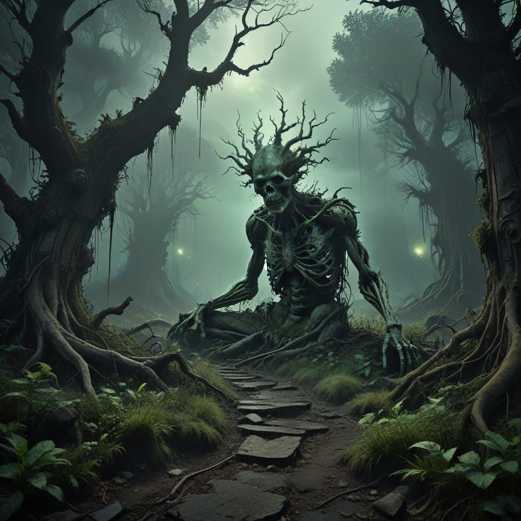 Fauvist Landscape with Ancient, Weathered Faces in Rock Form...