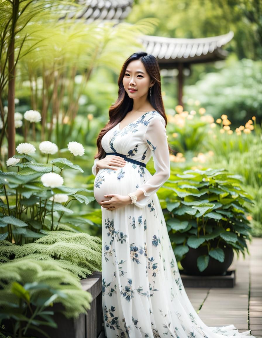 A beautiful young Pregnant Asian woman with long hair in a b...
