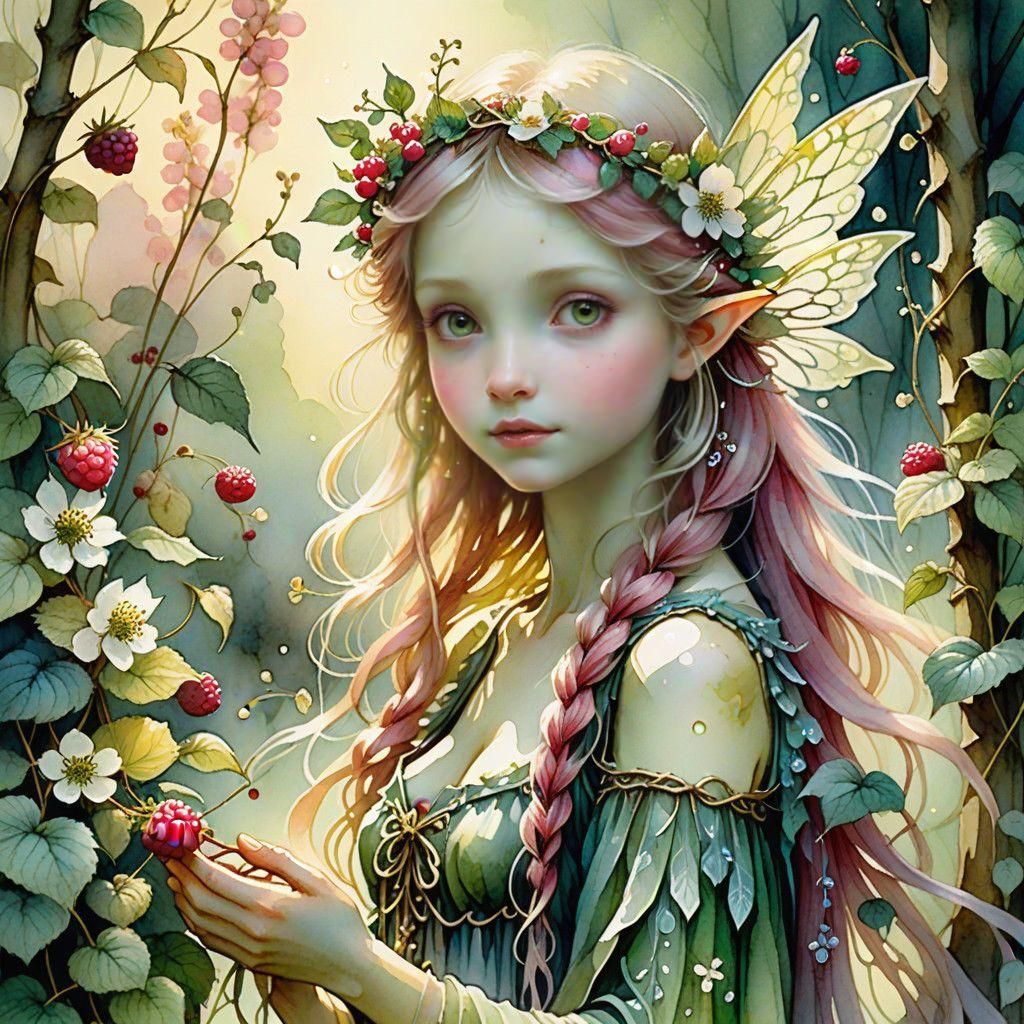 Whimsical Fairy Amidst Raspberry Flowers