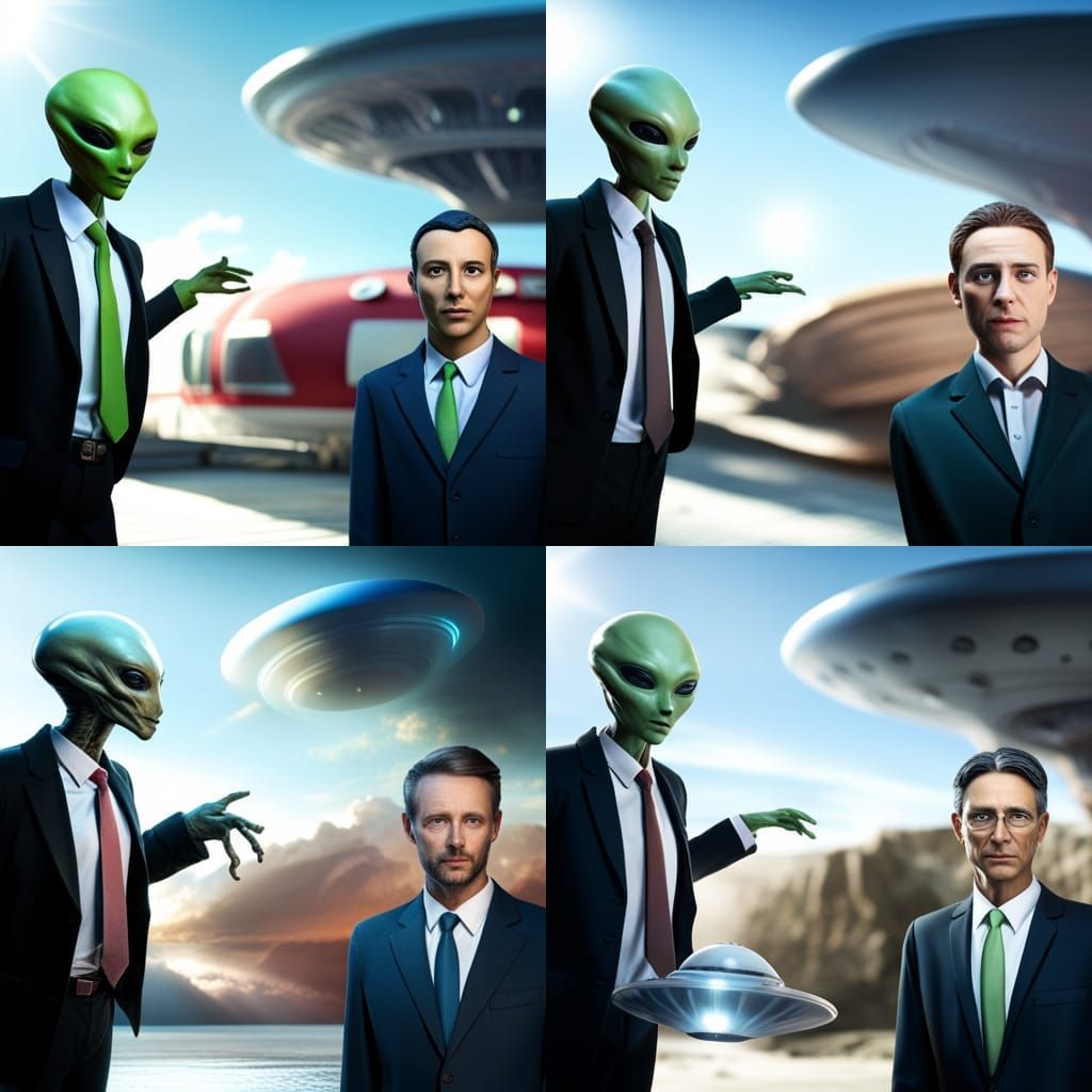 Alien Salesman Selling a UFO: Realistic CGI Diorama