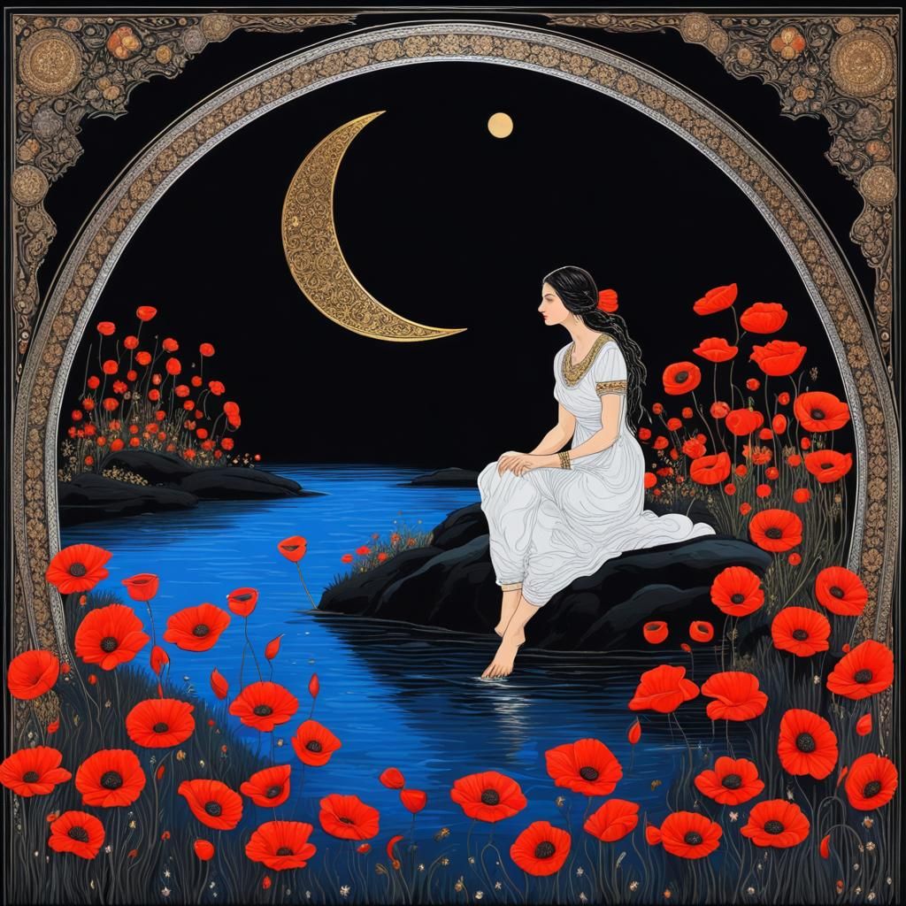 Woman by River Under Fairy Lights in Palekh Style