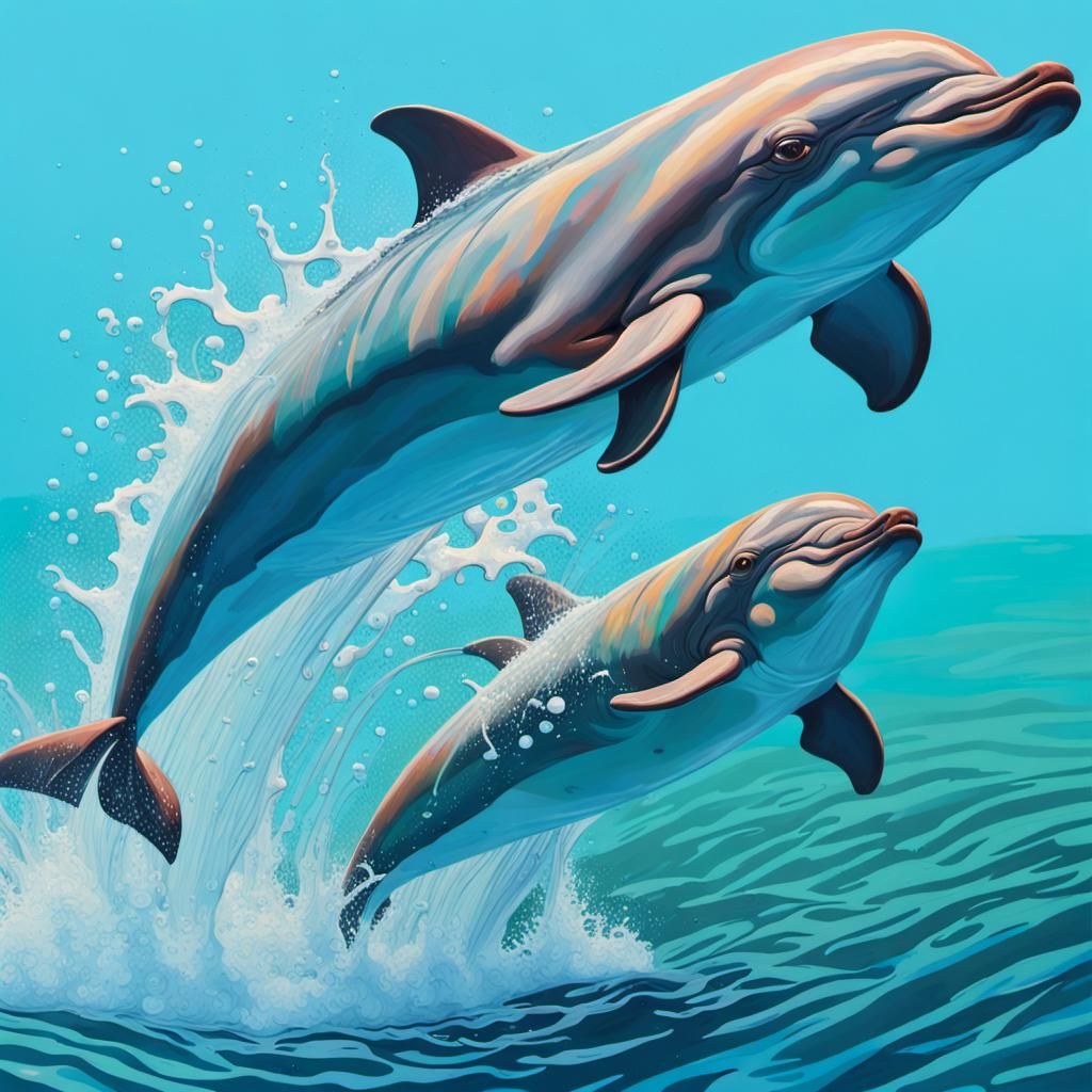 Dolphins in a Hockney-Inspired Splash Art Style