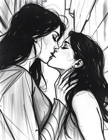 Women Kissing in Shadowy Alley as Ink Wash