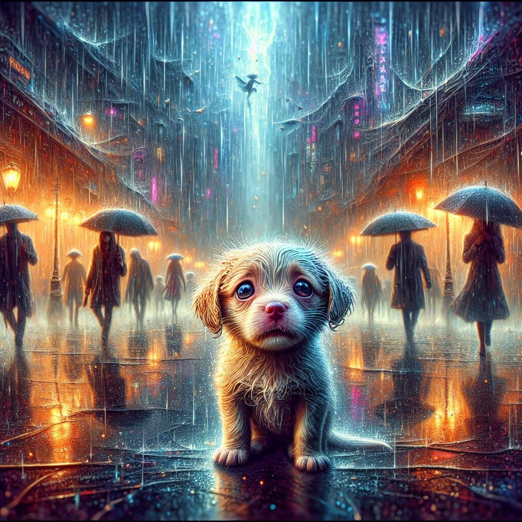 Distressed Puppy in Rainstorm: Surreal Photorealistic Art