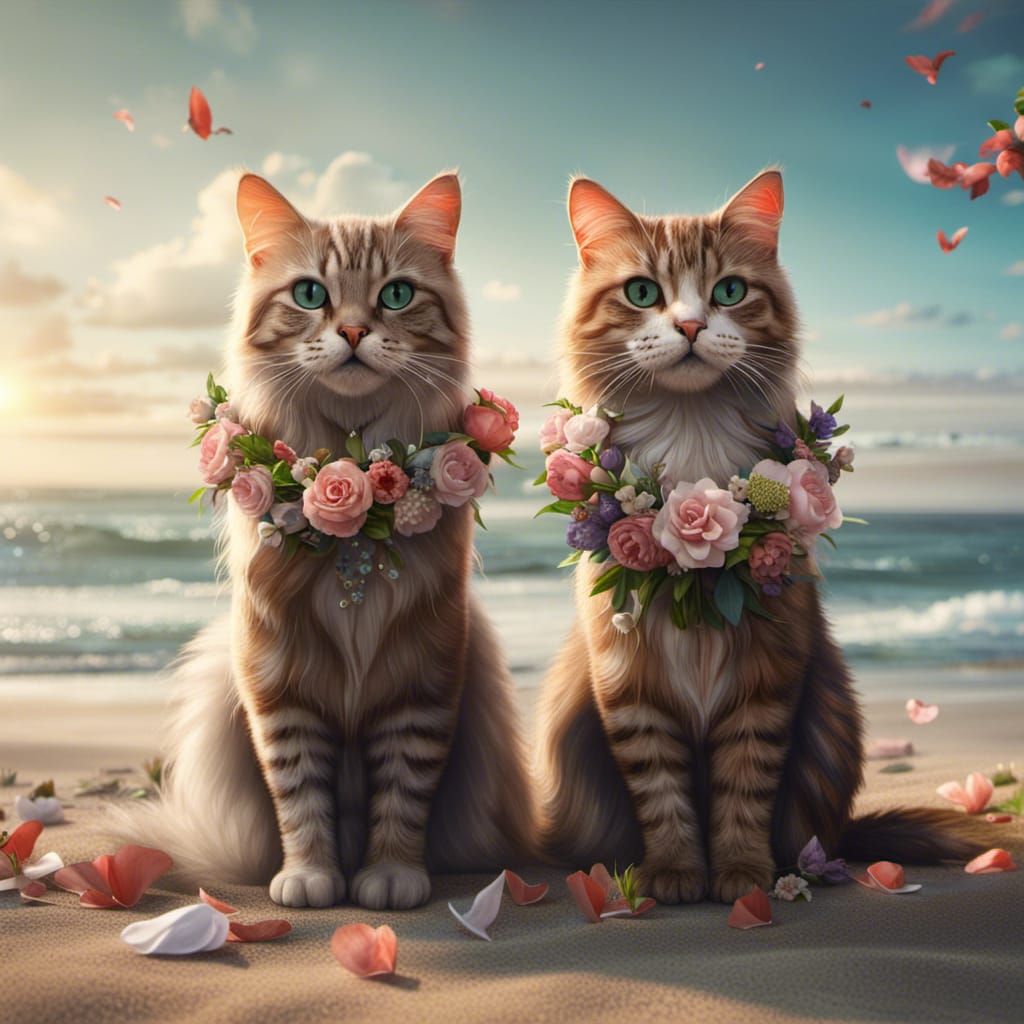 Beach Wedding of Cats in Detailed Matte Painting
