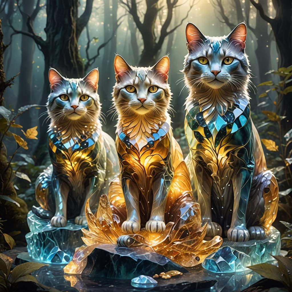 Glowing Glass Cat Family in Mystical Forest