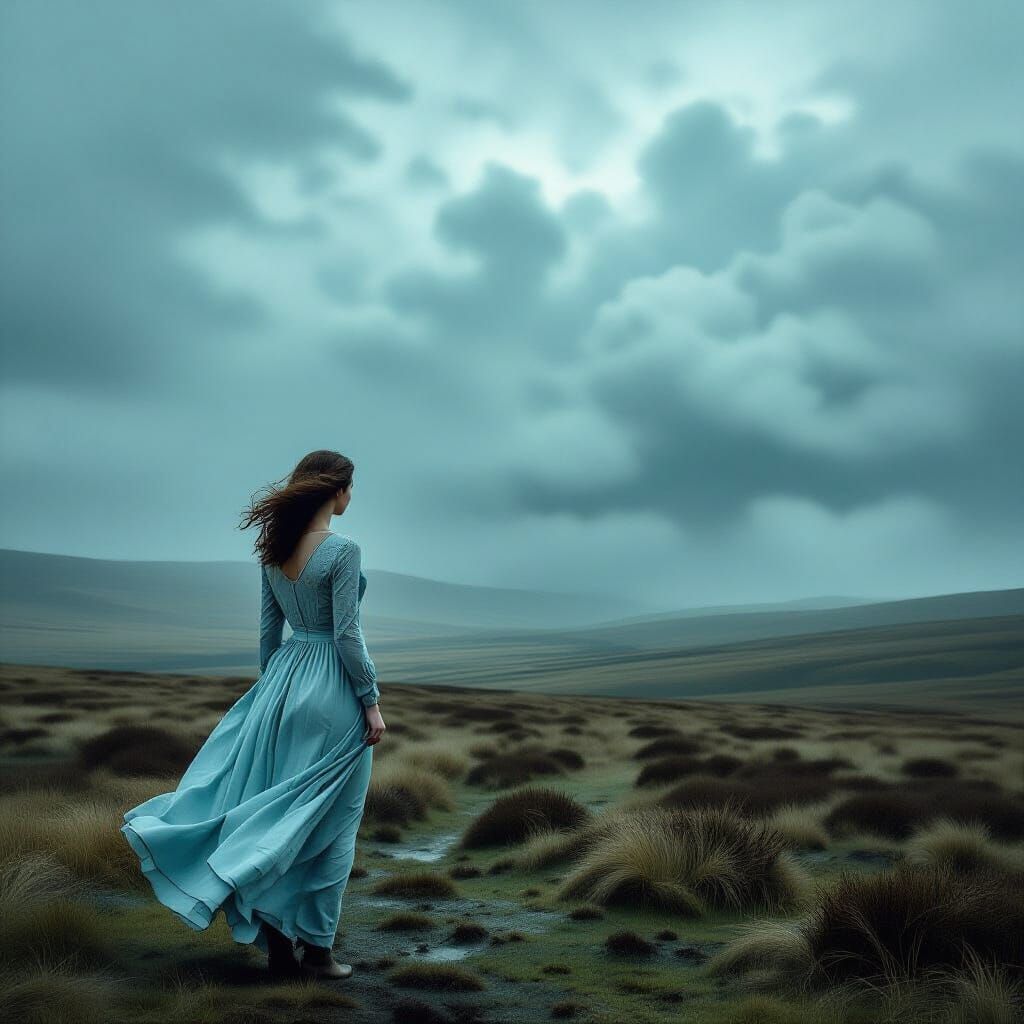 Woman on Windswept Moor Under Stormy Sky