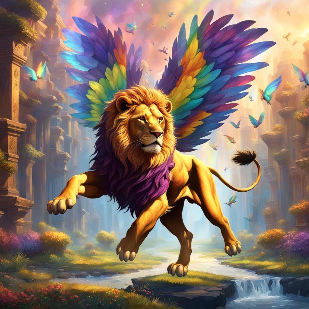 Rainbow Winged Lion Takes Flight: Fantasy Art